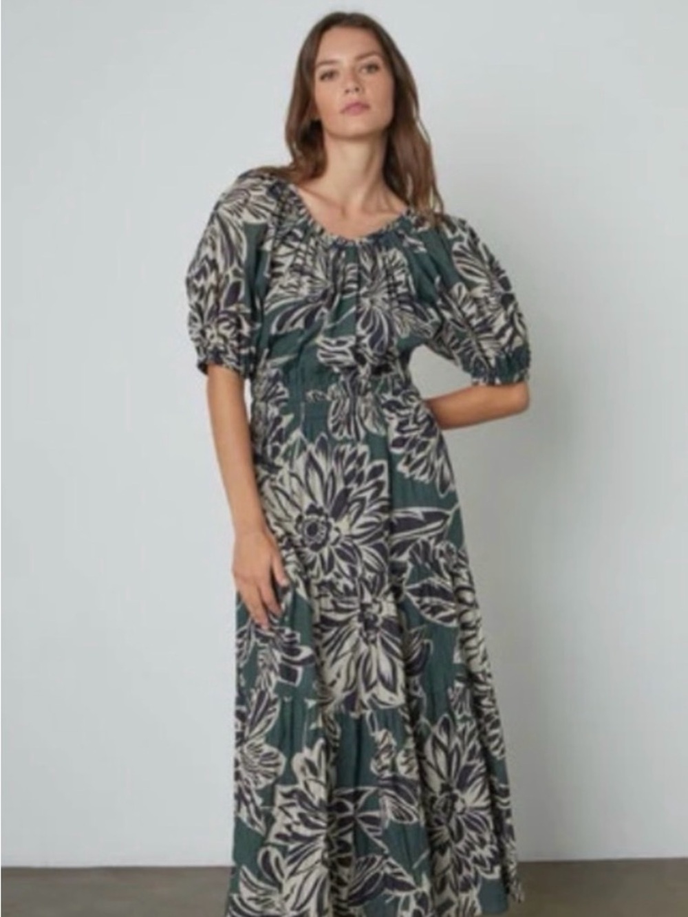 Evereve Green Floral Maxi Dress with Cream Print- XL